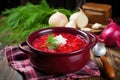 hot borscht in a bowl sitting on rustic wooden table Royalty Free Stock Photo