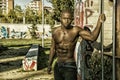 Hot buff black man posing outdoor Royalty Free Stock Photo