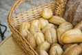 Hot buns in basket with diagonal copy space horizontal Royalty Free Stock Photo