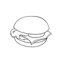 Hot burger with chees, tomato and lettuce. Hand drawn illustration isolated on white