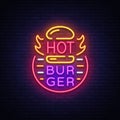 Hot Burger neon sign. Fastfood burger sandwich neon style logo, bright banner, design template, night neon advertising Royalty Free Stock Photo