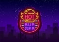 Hot Burger neon sign. Fastfood burger sandwich neon style logo, bright banner, design template, night neon advertising Royalty Free Stock Photo