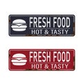 Hot burgers Fresh Food retro tin sign design. Vector illustration Royalty Free Stock Photo