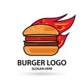 Hot Burgers vector logo, icon and mascot fast food Flat design style. vector illustrator Royalty Free Stock Photo