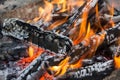 Hot burning wood log fire. Texture fire bonfire embers.