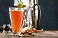 Hot buttered rum, autumn or winter warming alcoholic cocktail with apple and lemon juice, dark rum, honey, cinnamon in tall glass Royalty Free Stock Photo