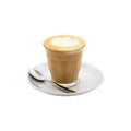 Hot caffe latte coffee with latte art tulip in a glass isolated on white background with clipping path.