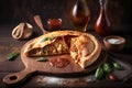 Hot calzone pizza on a wooden tray on a dark black background. Italian food. Delicious traditional food. generative AI Royalty Free Stock Photo