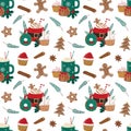 Hot cartoon winter drinks and Christmas bakery seamless pattern