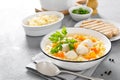 Hot chicken soup, broth with meatballs, carrot, pasta and fresh parsley Royalty Free Stock Photo