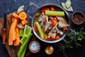 Hot chicken stock in a metal stockpot Royalty Free Stock Photo