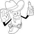 Outlined Hot Chili Pepper Cowboy Cartoon Character Present Best Hot Sauce