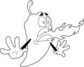 Outlined Funny Hot Chili Pepper Cartoon Character Breathing Fire