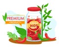 Hot chili pepper in jar food product vector illustration, cartoon flat pickled red chili peppers with spicy herb