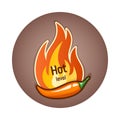 Hot chili pepper pod and flame of fire, badge or logo design. Hot spiciness level