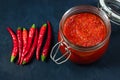 Hot chili pepper sauce paste harissa. Adjika. Traditional Tunisia, Georgian and Arabic cuisine. Homemade rose harissa in a glass