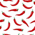Hot chili pepper seamless pattern. Bright red peppers on white background.