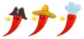 Hot chili pepper in sombrero, cook and pirate hats