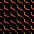 Hot chili peppers. Bright seamless pattern. Sexy, spicy. On a black background. For wallpaper, printing on fabric