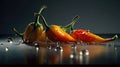 Hot chili peppers with drops of water on a black background. Copy space