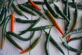 Hot chili peppers on a light textured windowsill