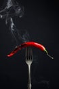 Hot chili red pepper smoking on a fork. Spice concept Royalty Free Stock Photo