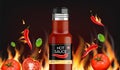 Hot chili sauce fire background vector realistic. Product placement mock up bottle. Label design advertise 3d Royalty Free Stock Photo