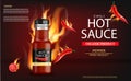 Hot chili sauce on fire vector realistic. Product placement mock up bottle. Label design advertise 3d illustrations Royalty Free Stock Photo