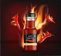 Hot chili sauce on fire vector realistic. Product placement mock up bottle. Label design advertise 3d illustrations