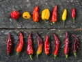 Various hot chilli pepers on the wooden table.