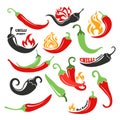 Hot chilli pepper in fire vector illustration set, chili in flame, spicy mexican food isolated icons