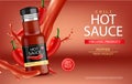 Hot chilli sauce vector realistic with splash. Product placement mock up bottle. Label design advertise 3d illustrations Royalty Free Stock Photo