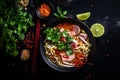 hot chinese japanese meal soup asian food background noodle vegetable bowl. Generative AI.