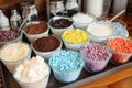 hot chocolate bar, with variety of toppings including marshmallows, sprinkles, and chocolate chips Royalty Free Stock Photo