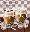 Hot chocolate beverage in glasses Vector. Winter drinks menu retro backgrounds Royalty Free Stock Photo