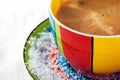 Hot chocolate in a bright colourful cup