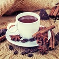 Hot chocolate, chocolate chips, cinnamon and star anise. vintage Royalty Free Stock Photo
