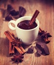 Hot chocolate, chocolate chips, cinnamon and star anise. Vintage Royalty Free Stock Photo