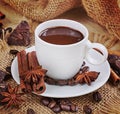 Hot chocolate, chocolate chips, cinnamon and star anise. Vintage Royalty Free Stock Photo