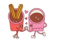 Hot chocolate with churros anf coffee cup characters in love. Valentine s Day card retro cartoon mascots. Sweet latin