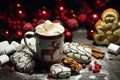 Hot chocolate or cocoa beverage with cinnamon and gingerbread cookies in snow vintage wooden table background. Royalty Free Stock Photo