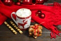 Hot chocolate or cocoa beverage with cinnamon and gingerbread cookies in snow vintage wooden table background. Royalty Free Stock Photo