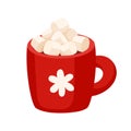 Hot chocolate or cocoa with marshmallows in red mug with snowflake. Christmas drink vector illustration.