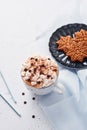 Hot chocolate or cocoa with whipped cream and marshmallow candy and Christmas gingerbread cookies Royalty Free Stock Photo