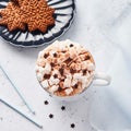 Hot chocolate or cocoa with whipped cream and marshmallow candy and Christmas gingerbread cookies Royalty Free Stock Photo