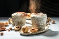 Hot chocolate or cocoa with whipped cream and spices, christmas hot warming drink