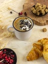 Hot chocolate coffee in a cup on a beige background Royalty Free Stock Photo