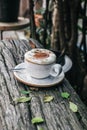 Hot chocolate or coffee with foam milk in white cup on Timber and green leave Background blurry views tree .Christmas Holiday conc