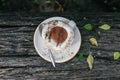 Hot chocolate or coffee with foam milk in white cup on Timber and green leave Background blurry views tree .Christmas Holiday conc