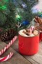 Hot chocolate/coffee with marshmallows and candy cane on the wooden background. Christmas decor for holiday card. Royalty Free Stock Photo
